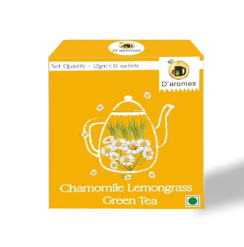 Image of D'aromas Chamomile Lemongrass Tea Bags | Relaxing chamomile & Refreshing lemongrass Blend | Calming Floral Aroma | Herbal Wellness Infusion | 10 Tea Bags (1.5g Each) | D'aromas Herbal Tea