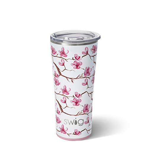 Swig Life 22oz Triple Insulated Stainless Steel Skinny Tumbler with Lid Dishwasher Safe Double Wall and Vacuum Sealed Travel Coffee Tumbler in Cherry Blossom Print