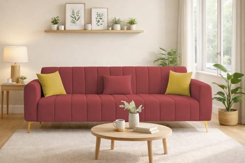 Image of Casaliving Velour Modern Velvet Sofa, Tufted Design Upholstered 3 Seater Sofa Set for Living Room, (Maroon Colour) Premium Velvet Fabric Sofa