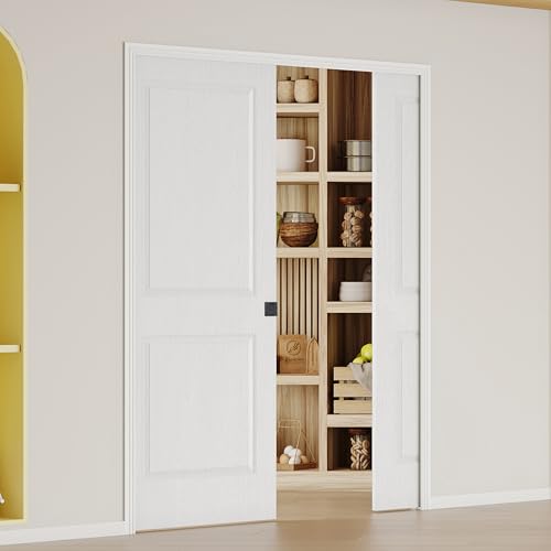 Image of 60 inch x 80 inch Sliding Pocket Interior Door, 2-Panel Hollow Core Pantry Door with Frame and Hardware Kit, Lightweight Closet Door, Waterproof PVC Surface, Easy to Install