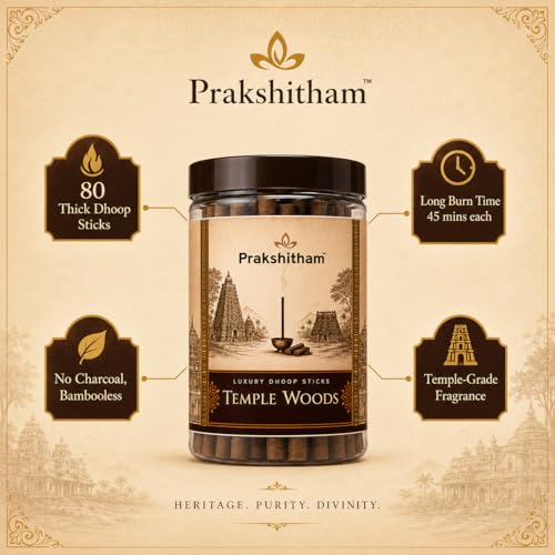 Image of Temple Woods Dhoop Sticks - Pack of 80 | Bambooless & Charcoal-Free Dhoop Stick for Pooja | Premium Woody Sandal Cedar Fragrance | Long Lasting Low Smoke Agarbatti for Meditation