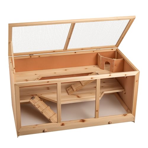 Wiltec Clapier XXL – 115 x 60 x 58 cm – 2 étages – Bois Sapin – avec Esaclier, Couvercle Rabattable et façade vitrée – Cage pour rongeurs Hamsters Souris...