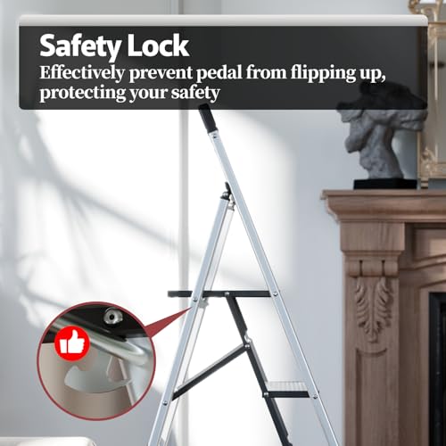 KINGRACK Aluminium 5 Step Ladder, Lightweight Step Stool with Non-Skid Pedals, Handrail, Foldable Step Ladder for Kitchen, Garage, Home, Space Saving, Sturdy and Portable, Silver by KINGRACK - Image 4