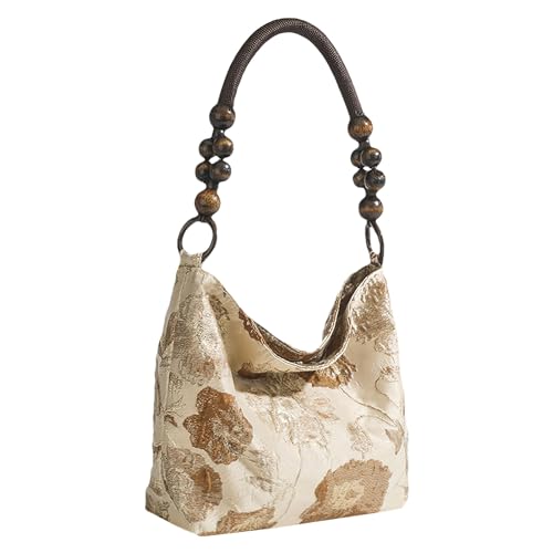 Wooden Bead Woven Chain Strap Shoulder Bucket Purse for Women Retro Jacquard Shopping Work Bag2