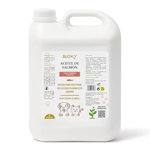 Bioky Aceite de Salmón: Perros y Gatos 5L – Fuente de Omega 3 y 6 – Sistema Inmunológico, Articulaciones, Antiinflamatorio – Mejora Piel y Pelaje – Salud del Corazón y el Cerebro – Origen Escocia