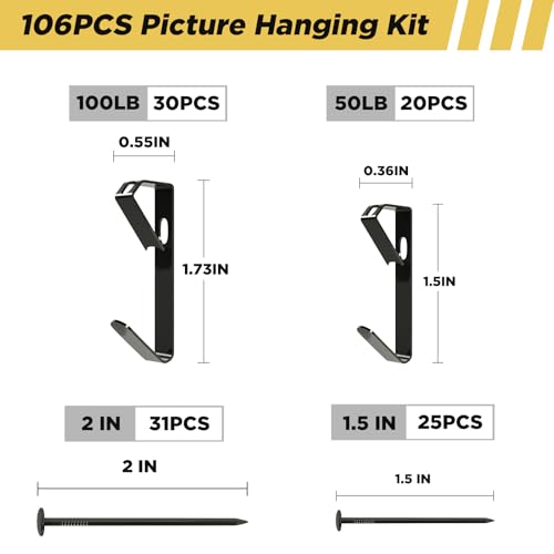 Image of Picture Hanging Hooks 106 Pieces,50lb 100lb Picture Hangers ,Nails Hanging Kit, Metal Picture Hangers for Drywall Wooden Wall,Black