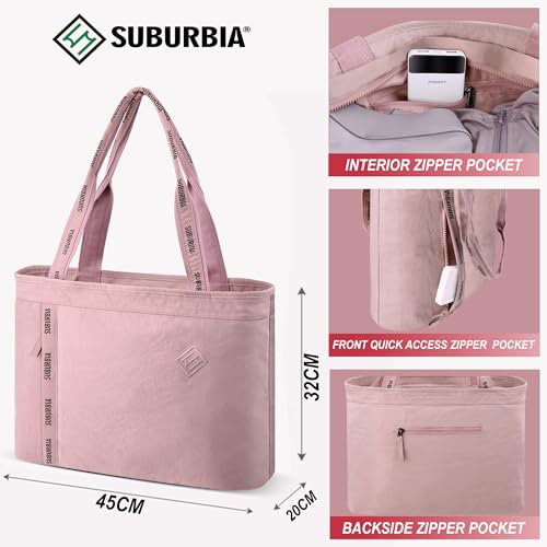 SUBURBIA Tote Bag for Women - Gym Tote Bag with Zipper, Work Bag with Large Compartment, Yoga Bag with Wet Pocket, Beach bag for Travel, Shopping, Grocery, College, Nurse, Heather Pink4