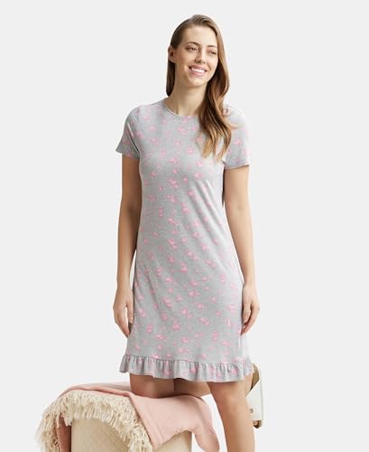 Image of Jockey RX25 Women Micro Modal Cotton Ruffled Hem Styled Half Sleeve Printed Sleep Dress (Colors & Prints May Vary)