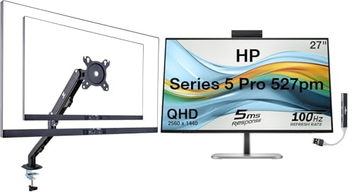 Image of HP Series 5 Pro 527pm 27 inch QHD IPS Monitor with 5ms Response Time, Anti Glare, Flicker Free, VESA Mount (100mm), Displayport, HDMI, Black /Silver (9E0Y9UT#ABA) w /DKZ Hub & ErgoFlexy Single Mount Arm