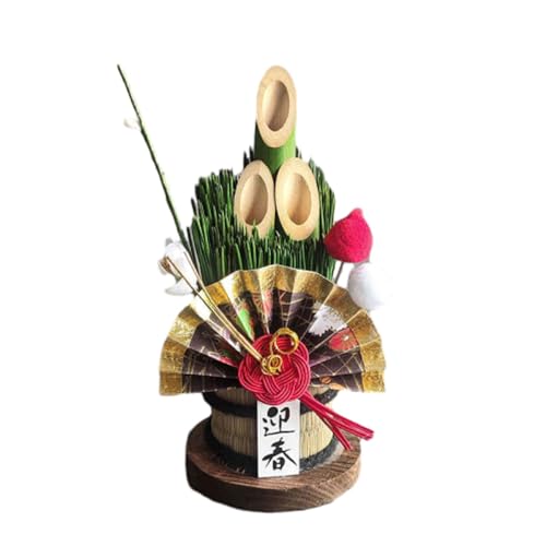 ミニ門松 卓上 高さ15cm 鶴 華やかな扇 福を呼ぶ飾り 正月飾り 玄関 お歳暮 人気 青竹 竹 しめ飾り 門松 縁起門松 新年 迎春 年末 飾り花 ギフト 完成品 自宅用 会社 事務所 店舗 入り口 (茶色, 15CM)