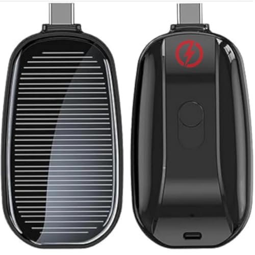 Original 1500mAh Large Capacity Battery Small Solar Charger Solar Power Bank Keychain Charger for Mobile Phones with Carabiner Emergency Power Supply (Type C Pin)