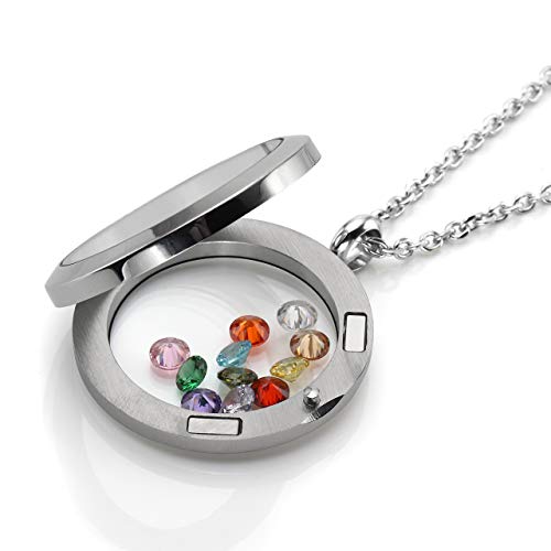 PiercingJ Living Memory Floating Locket Pendant Necklace Polished Round Stainless Steel Memorial Keepsake Glass Locket Necklace for Women, Free 12pcs Cubic Zirconia Birthstone2