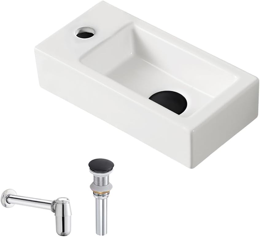 Small Bathroom Sink, MAISINK Wall Mount Sink 14.5"x7.3" (375x180mm) White Rectangular Ceramic Floating Wall Hung Vessel Sinks for Small Bathrooms (Left Hand)
