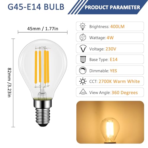 4 Pack 4W E14 LED G45 Filament Bulb Dimmable, Warm White 2700K, 40W Equivalent, Small Edison Screw, 400lm - Image 2