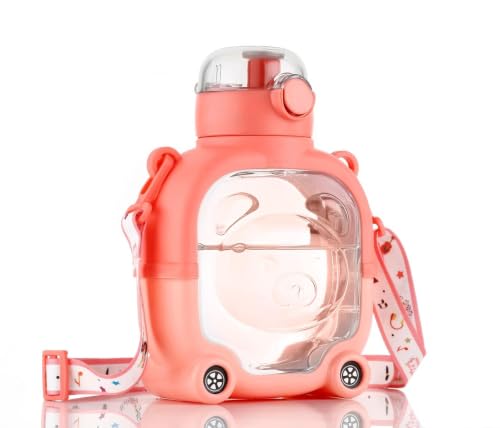Image of Clazkit 2-in-1 Cute Bear Shaped Water Bottle with Straw & Adjustable Strap | Leakproof Kids Sipper Bottle | BPA-Free Reusable Water Bottle for School, Travel & Outdoor Use - 900ml (Orange)