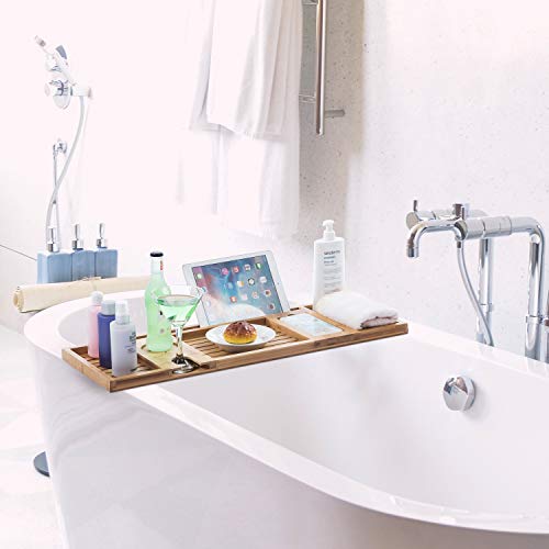 woodluv Luxurious Bamboo Bath Caddy Bridge With a Slot For iPad, Kindle,Towel, Candle, Phone, Wine Glass Holder and Soap