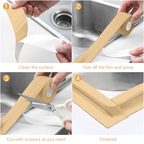 Image of 3 Rolls 1.5 Inch Caulk Tape Self Adhesive Toilet Caulking Strip Bathroom Sealing Caulk Strip Peel and Stick Bathtub Caulking Tape, 10.5 Feet Each Roll (Almond)