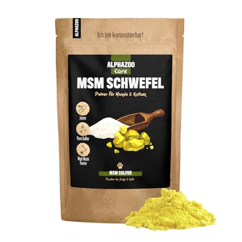 alphazoo MSM - Polvere per cani e gatti, 250 g, puro al 99,9%, zolfo organico senza additivi, metilsulfonilmetano per articolazioni, tendini e legamenti, polvere articolare naturale per protezione