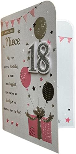to A Fabulous Niece 18 Birthday Card Age 18 18th Eighteen Grey/Pink/Black/Silver Balloons/Words 3D/Glitter/Foil Detail(PRELUDE45618)