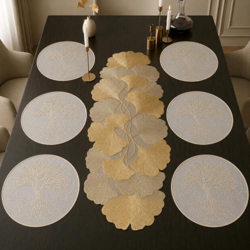 Image of Dakshya Industries PVC Waterproof Round Table Placemats & Table Runner Combo | 6 Round Mats (38 x 38 cm) + 1 Runner (91 x 33 cm) | Heat Resistant, Washable, Non Slip (Jovique)