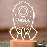 ONLYGUAY Lampara Quitamiedos Infantil Personalizada con Nombre Bebés Recien Nacidos de Metacrilato Acrilico Madera con Led Luz Nocturna Mesita Noche (Cohete)