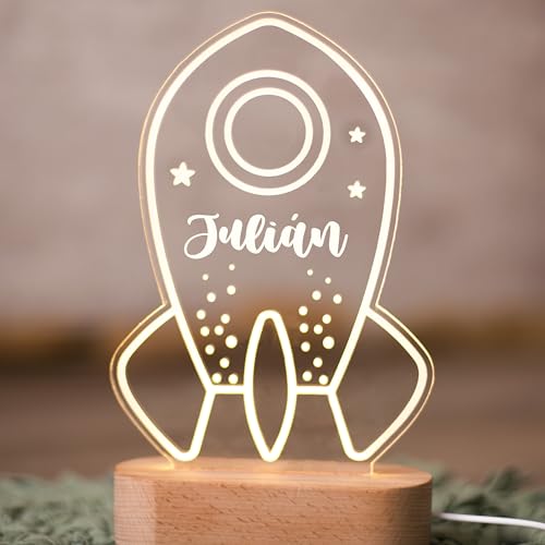 ONLYGUAY Lampara Quitamiedos Infantil Personalizada con Nombre Bebés Recien Nacidos de Metacrilato Acrilico Madera con Led Luz Nocturna Mesita Noche (Cohete)