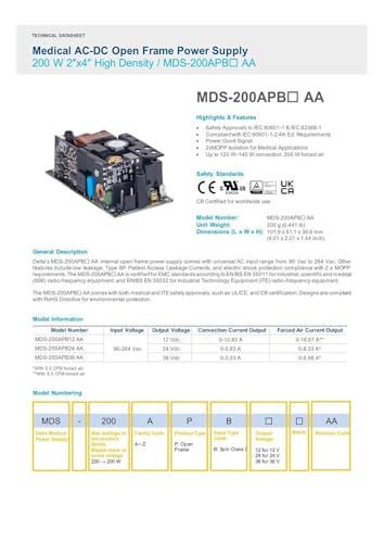Alimentation MDS-200APB12 AA 16.67A robuste aux composants électroniques durables