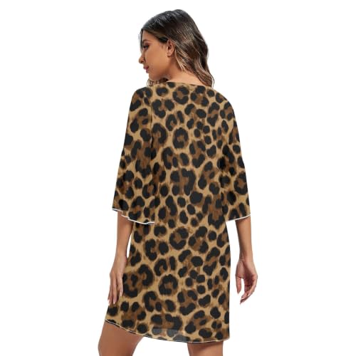 Robe de plage imprimée léopard marron col en V avec manches pour été