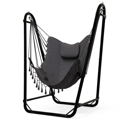 Bengum Hammock Chair Unique U-Shaped Hammock Chair with Stand,Sturdy & Rust-Resistant,Free Gray Cotton Hammock Chair