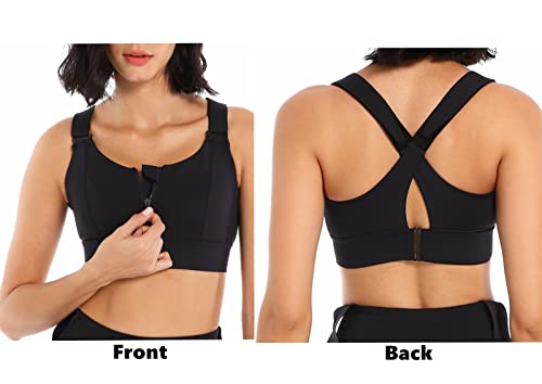 CLOUSPO Women Sports Bra Front Fastening High Impact Zip Front Post Surgery Running Yoga Zip Front Bras Crop Top with Adjustable Straps(XL, Black) - Image 2