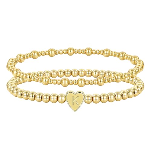 Bracelet perles initiales femme plaqué or, bijou extensible personnalisé