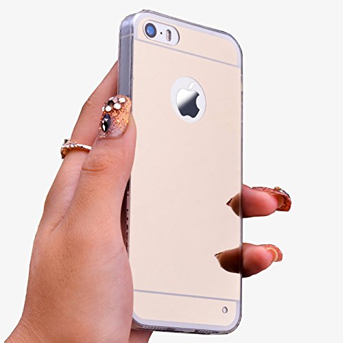 Johncase Soft TPU Bumper with Electroplating Back Cover Luxury Phone Mirror Girl Case for iPhone 5 5s SE (Gold)