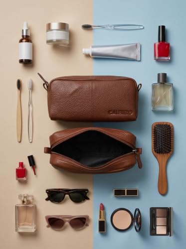 Image of Calfnero Genuine Leather Toiletry Bag for Men & Women | Premium Leather Travel-Pouch | Toiletry Organizer | Cosmetic & Shaving Kit Bag | Unisex Travel Dopp Kit (Brown)