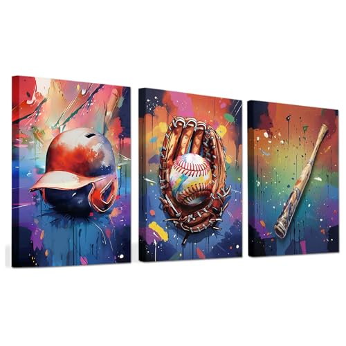Baseball Wall Art for Boys Room Canvas Wall Decor,Graffiti Framed Art Prints Poster Man Cave Dorm Sports Aesthetics Decorations Set of 3 (12"x16")
