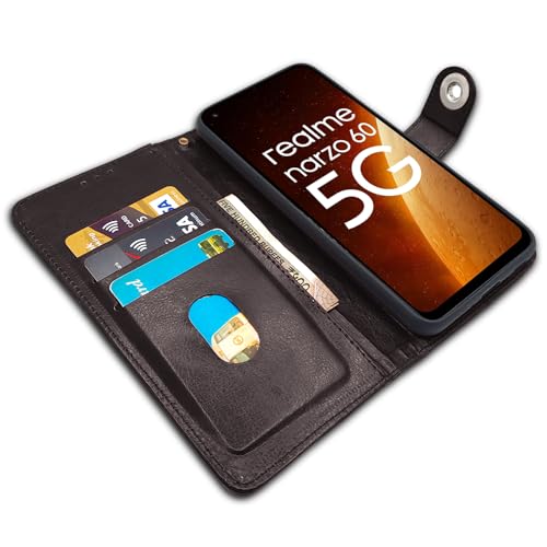 Image of Pikkme Realme Narzo 60 5G Flip Cover Leather Finish | Inside TPU with Card Pockets | Wallet Stand and Shock Proof | Complete Protection Button Flip Case (Coffee)