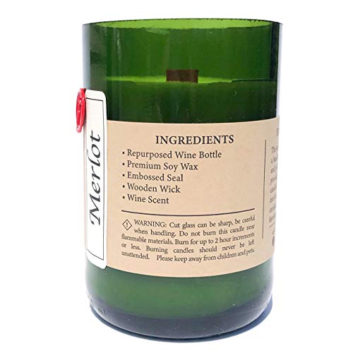 Wooden Wick - Recycled Wine Bottle Candle - Wood Wick Scented Soy Red Wine Lover Gift (Merlot) #TOP2