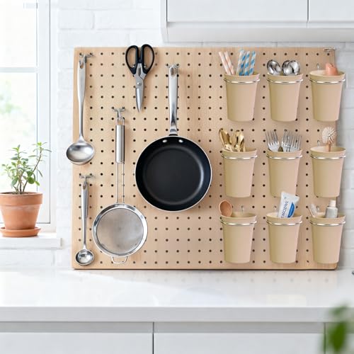 Image of Pegboard Cups With Loops, 9 Pack Khaki Peg Board Pencil Holder Organizer | 1 /8 inch 1 /4 inch Pegboard Accessories, Plastic Hanging Organizer Cups, Tool Organizer Set for Garage Craft Workshop Hobby Storage