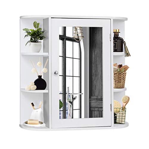 Preisvergleich Produktbild DREAMADE Spiegelschrank Bad, Badezimmerschrank Wandschrank mit Spiegel, Hängeschrank Badschrank Spiegel mit Ablagefläche, aus Holz, Weiß