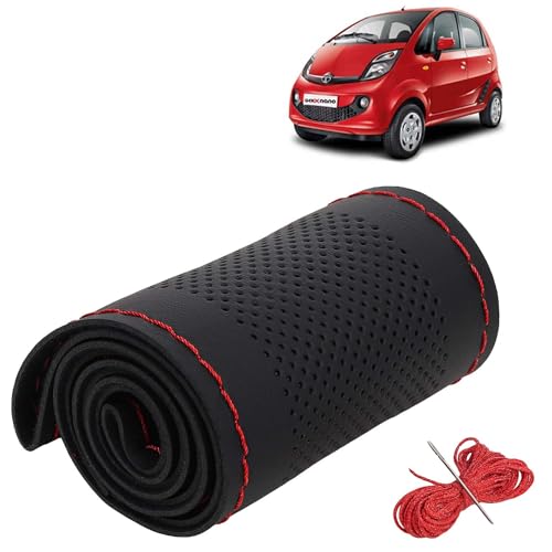 Image of KINGSWAY PU Leatherite Car Steering Cover Sewable Compatible with Tata Nano (Year 2008 Onwards), Black Color with Red Thread, Pack of 1 with Sewing Needle and Thread