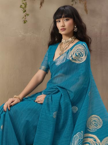 Image of AKHILAM Women's Kanjivaram Pure Silk Floral Printed Saree With Unstitched Blouse Piece