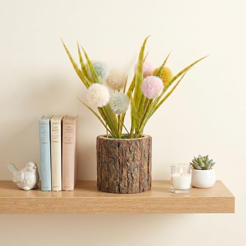 Image of Dekorly Artificial Multi Colour Pingpong Flower with Real Wooden Vase (28CM Overall Height) | Decorative Lifelike Faux Floral Plant in Rustic Tree Log Pot for Living Room(Pingpong Flower)