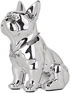 Seated French Bulldog Statue Resin Electroplated Dog Animal Sculpture with Silver Necklace Necklace Living Room End Table Kitchen Countertops Bedroom Bathroom Cabinet Home Decor (9in,Silver)