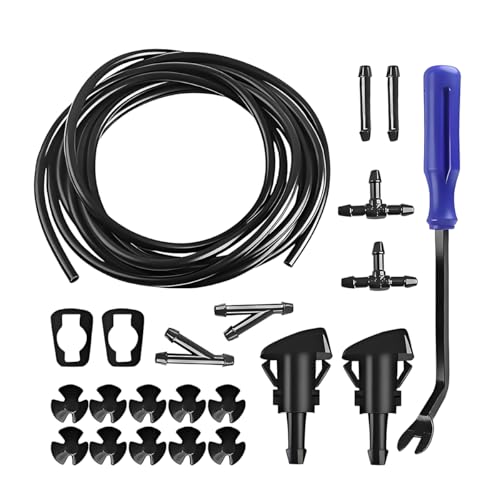 Ywdiml 20PCS Car Windshield Washer Hose Kit, Includes 6 Tube Connectors 4M Fluid Tube 2 Fan Nozzles 10 Clips & 1 Blue Tool, Automotive Windscreen Nozzle Set, Universal for SUV Sedan Truck