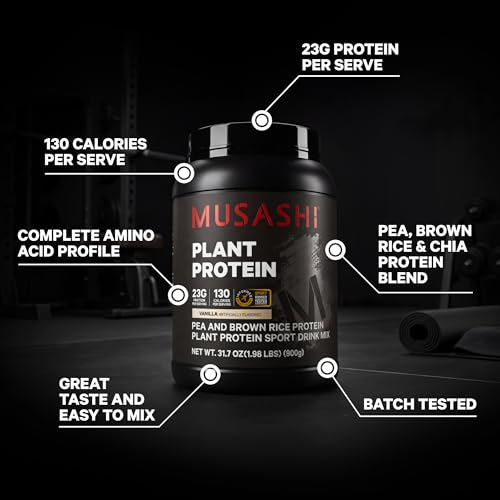 Image of Musashi Plant Protein Powder, Vanilla, 900g (1.98 lb), Pea, Brown Rice and Chia Protein Blend with BCAAs & L-Glutamine, 23g Protein, 130 Calories per Serving