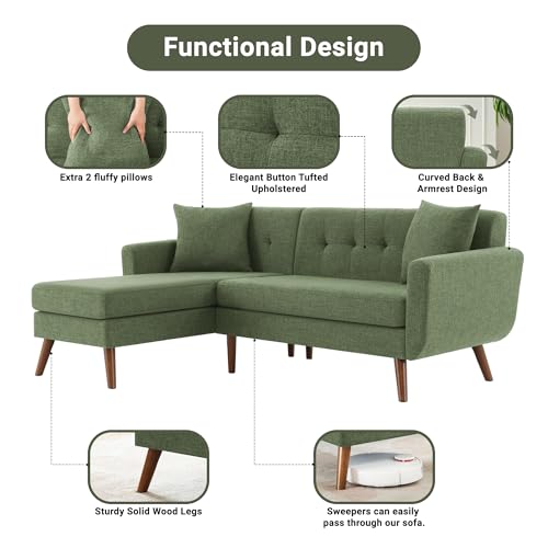 Tbfit L Shaped Couch Sofa, 80" W Mid-Century Modern Sectional Couches, 3 Seater Sofas with Wide Chaise Lounge & Two Pillows,Button Tufted Upholstered Sectional Sofa for Living Room, Bedroom, Green
