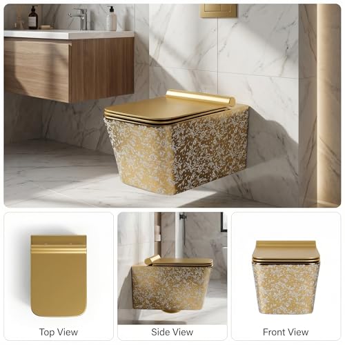 Image of InArt Ceramic Commode Wall Mount /Wall Hung Western Toilet /Water Closet /EWC /WC /European Commode for Bathrooms P Trap Outlet is from Wall with Soft Close Seat Cover Square (Gold Leaf Pattern)