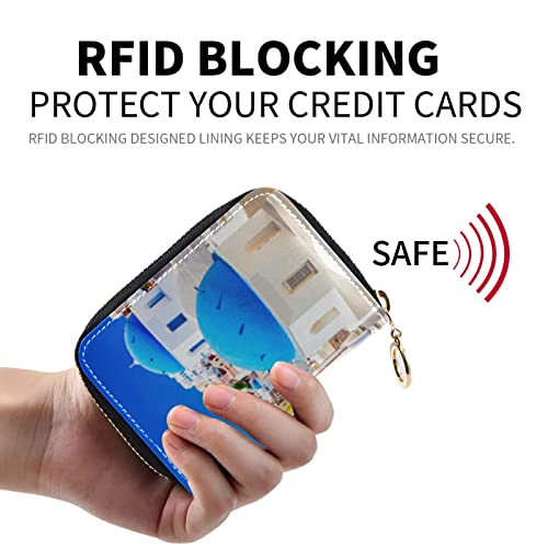 Oia town on Santorini Island Greece Famous houses and ChurchesGrey Credit Card Coin wallet, RFID Blocking Compact Women Leather Card Holder, Key Change Organizer, Zipper Purse Clutch Pouch2