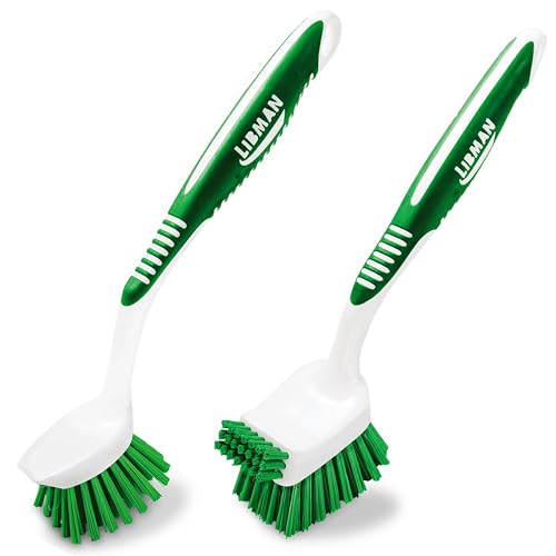 Libman Dish Brush Set with Long Handle - Deep Cleaning Brushes - Dish Scrubber & Scraper - Kitchen Scrub Brush for Dishes Sinks Pots Pans Vegetables