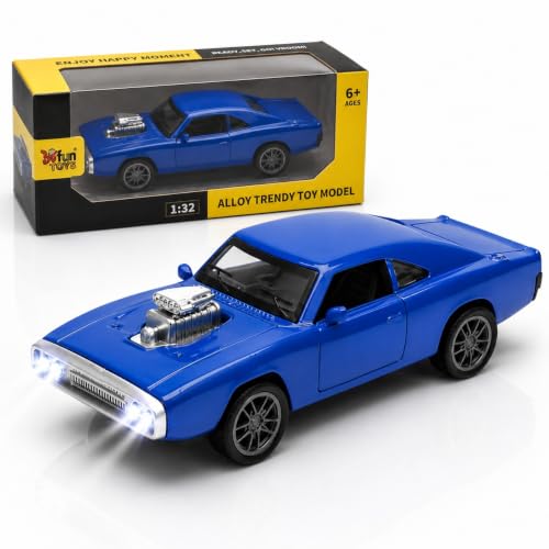 Image of 1970 Dodge Charger Fast & Furious - 1:36 Scale Die-Cast Alloy Toy Car for Kids | Pull-Back Model with Openable Doors, LED Lights & Engine Sounds (Blue)