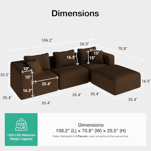 Image of Novilla 106 inch Modular Sectional Sofa, L Shape Convertible Sectional Couch, Modern Cloud Design with SmartS Coil Support, Boneless Sectional Couch for Living Room Apartment, No Assembly Required, Brown
